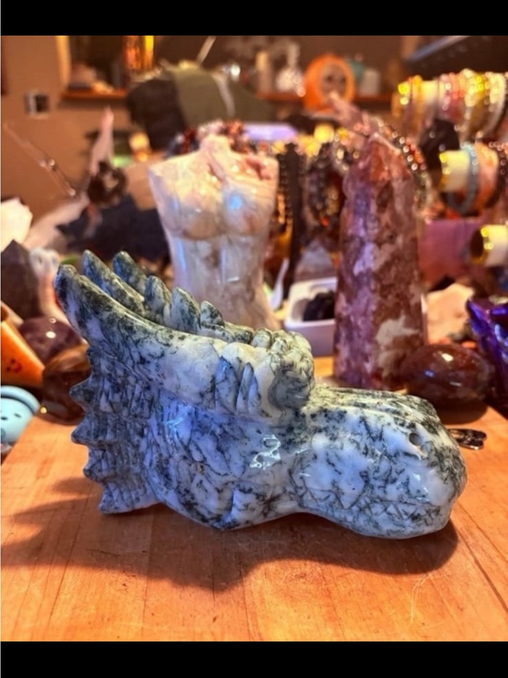 Hand-Carved Green and White Moss Agate Dragon Head